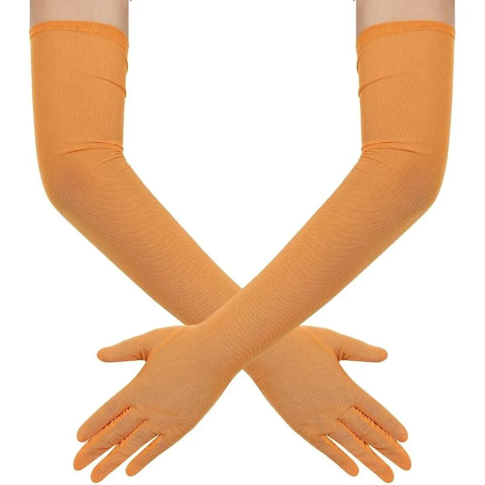 Women's Tulle Mesh Orange Long Stretchy Gloves Halloween Party Wedding Costume